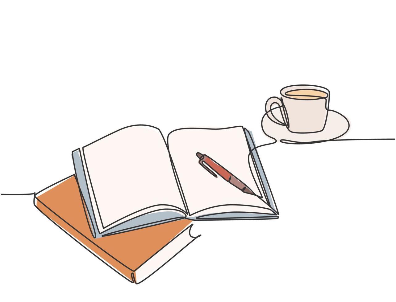 Single continuous line drawing of hand gesture writing on an open book beside a cup of coffee at work desk. Writing draft business concept. Modern one line draw design vector graphic illustration