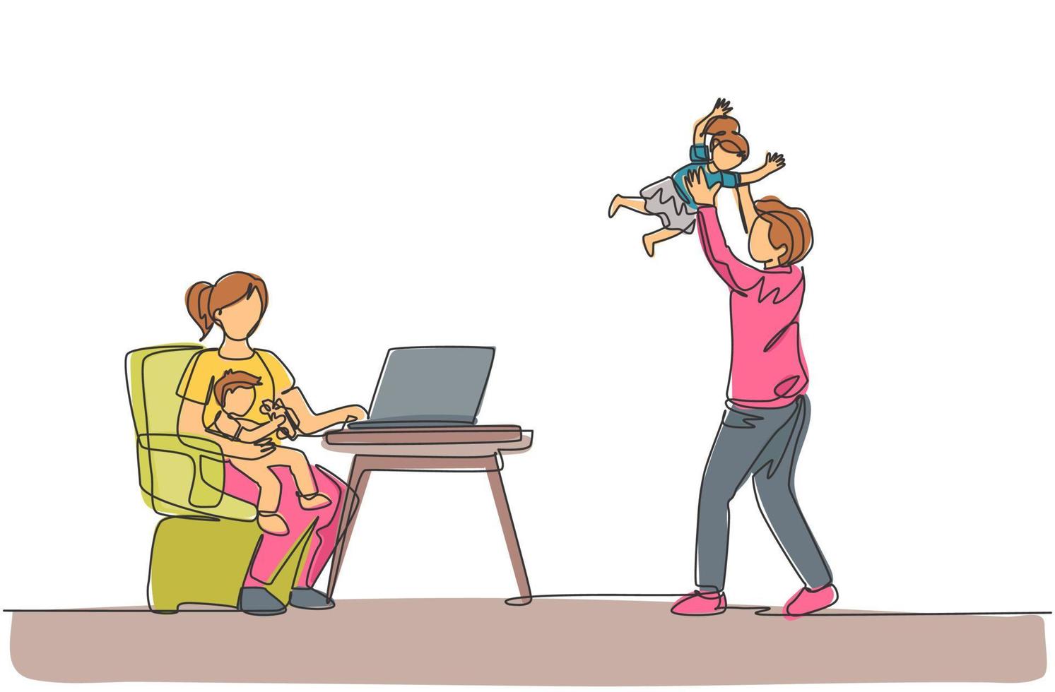 One continuous line drawing of young mother work typing on laptop and father playing with daughter at home. Happy family parenting concept. Dynamic single line draw design vector illustration