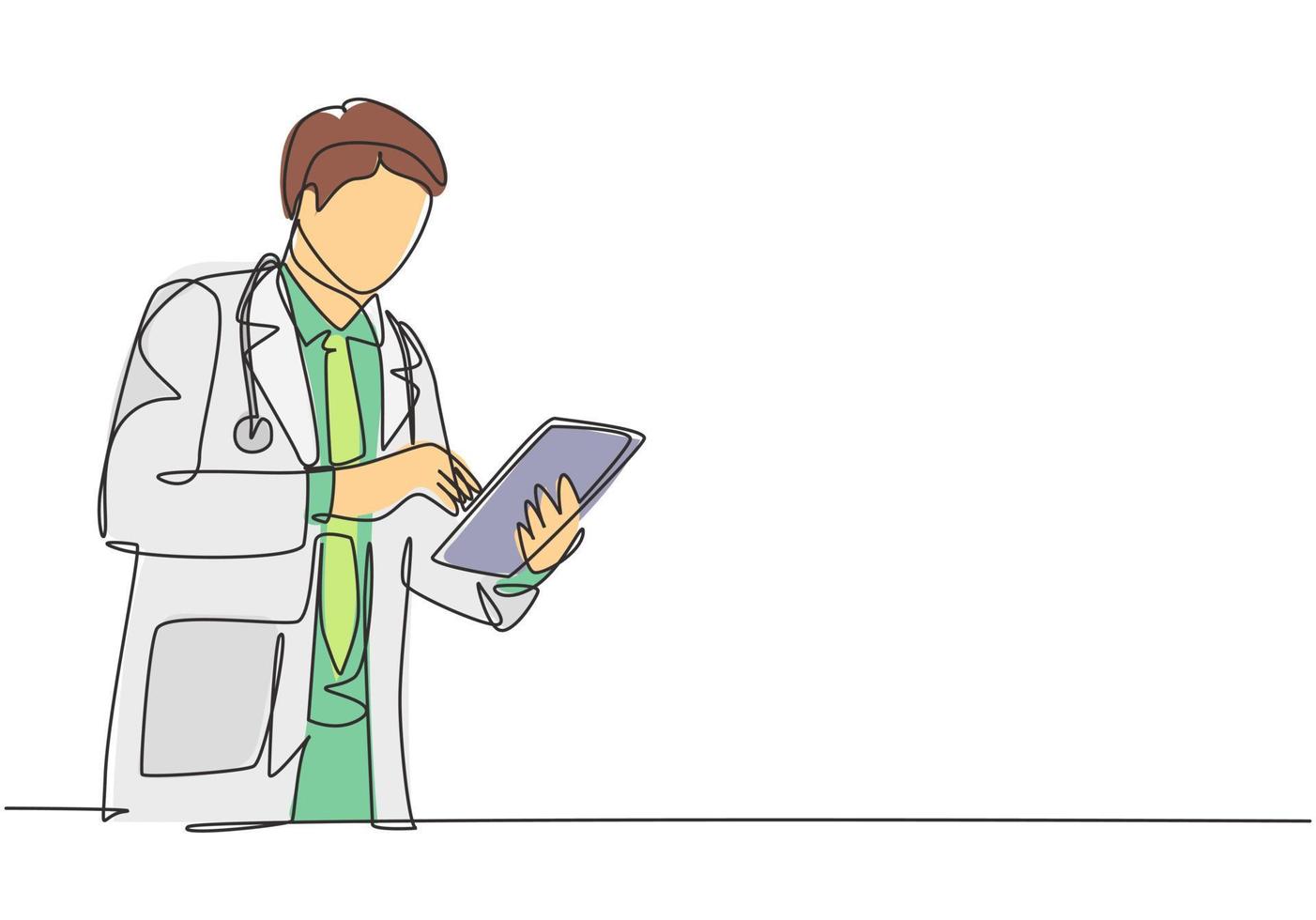 One single line drawing of young male doctor pose standing to read a journal health and medical record on tablet. Medical health care research concept continuous line draw design vector illustration