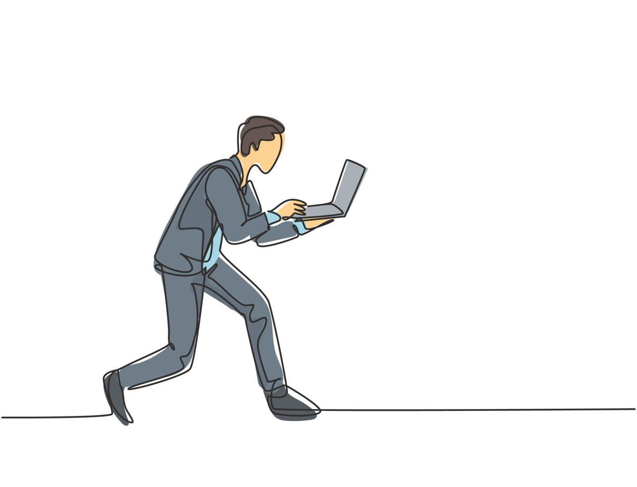 One continuous single line drawing of young rush male worker typing on laptop while he does sprint run go to office. Deadline business work concept single line draw design vector graphic illustration