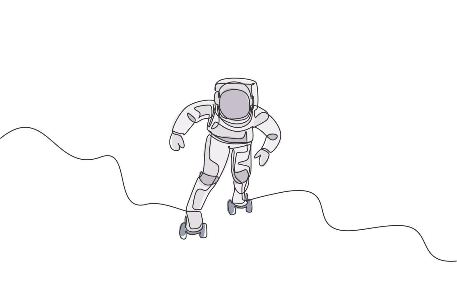 Single continuous line drawing of astronaut exercising on roller skates on moon surface, deep space. Space astronomy galaxy sport concept. Trendy one line draw graphic design vector illustration