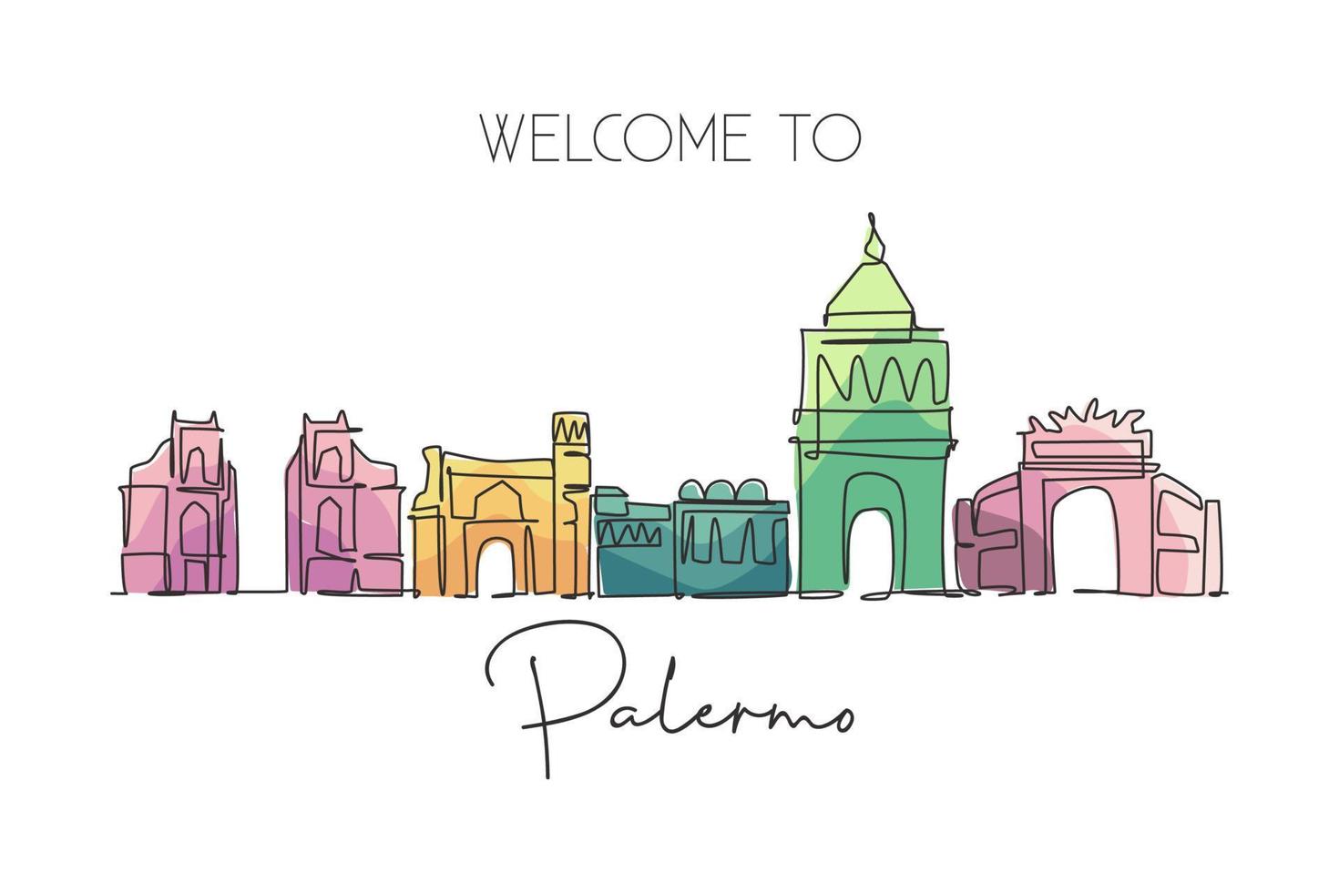 One continuous line drawing Palermo city skyline, Italy. Beautiful skyscraper. World landscape tourism travel vacation wall decor poster concept. Stylish single line draw design vector illustration