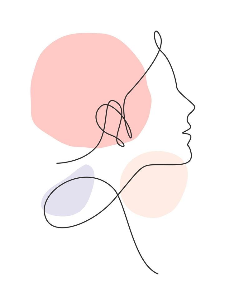 una sola línea de dibujo mujer belleza cara abstracta, peinado, ilustración vectorial de moda. concepto de estilo femenino minimalista bastante sexy para la impresión de camisetas. diseño gráfico de dibujo de línea continua moderna vector