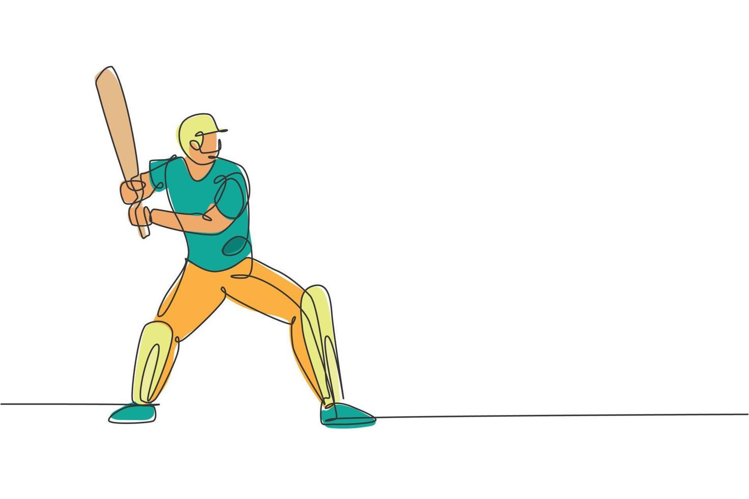One single line drawing young energetic man cricket player stance standing to hit the ball vector illustration graphic. Sport concept. Modern continuous line draw design for cricket competition banner
