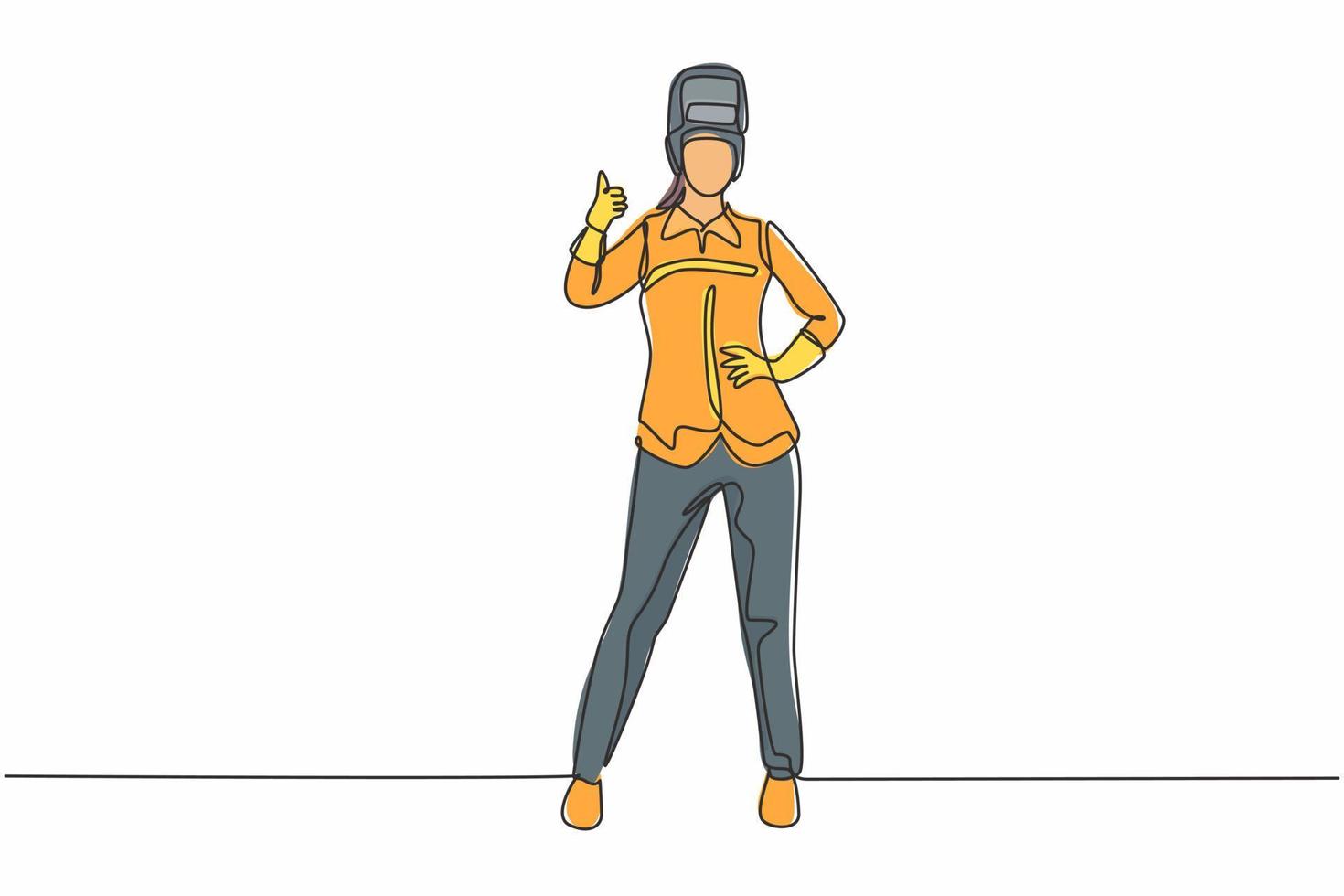 Single one line drawing of female welder stands with a thumbs-up gesture and the face shield is removed ready to work in his iron workshop. Continuous line draw design graphic vector illustration