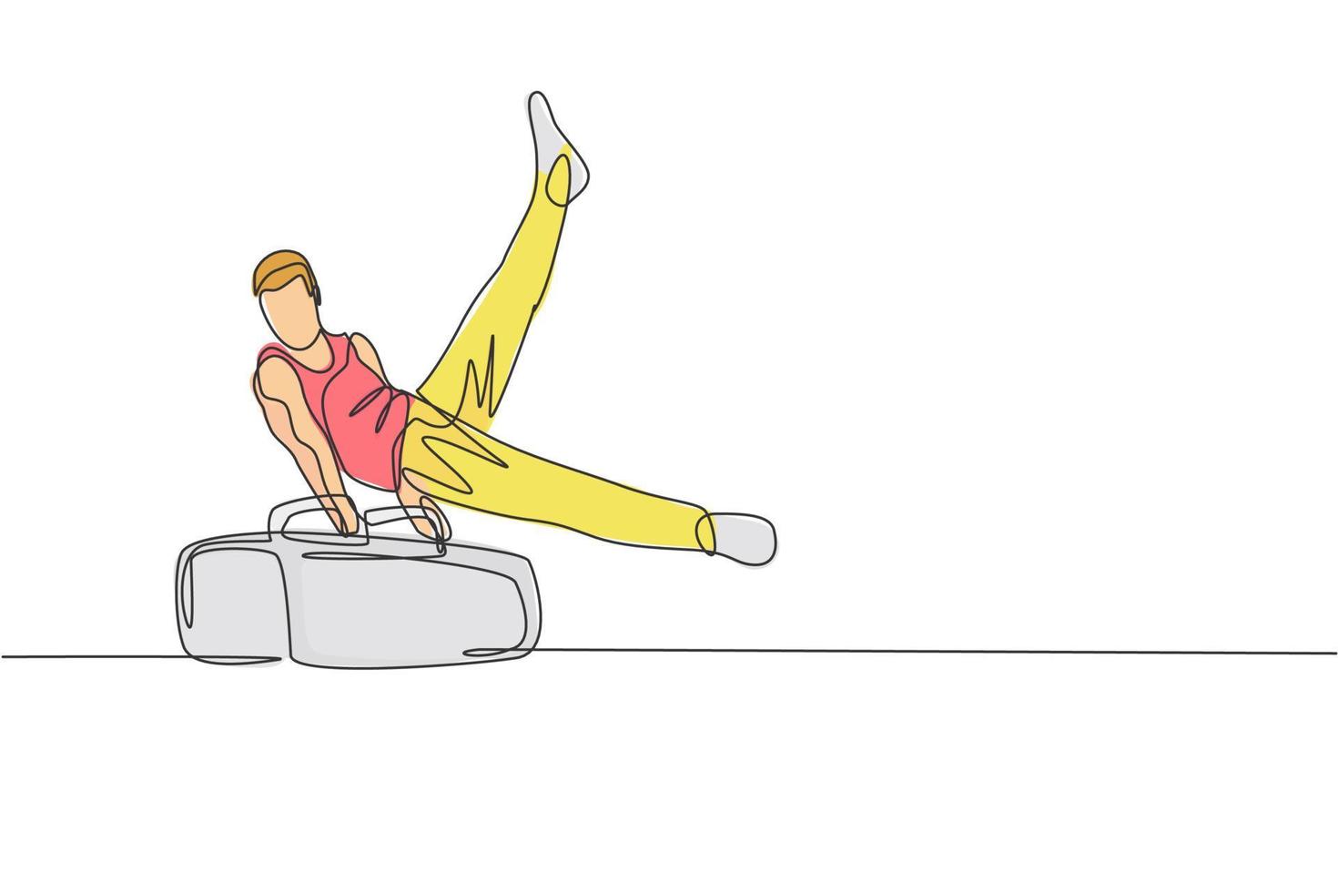 One single line drawing of young handsome gymnast man exercising pommel horse graphic vector illustration. Healthy lifestyle and athletic sport concept. Modern continuous line draw design