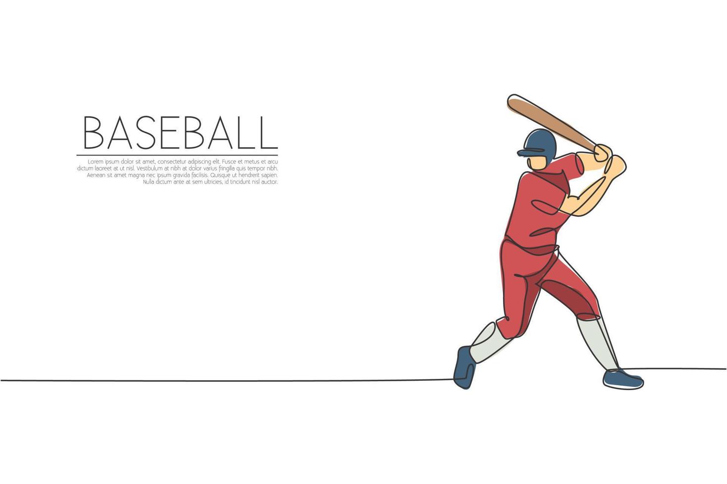 One single line drawing of young energetic man baseball player exercise to hit the ball vector illustration. Sport training concept. Modern continuous line draw design for baseball tournament banner