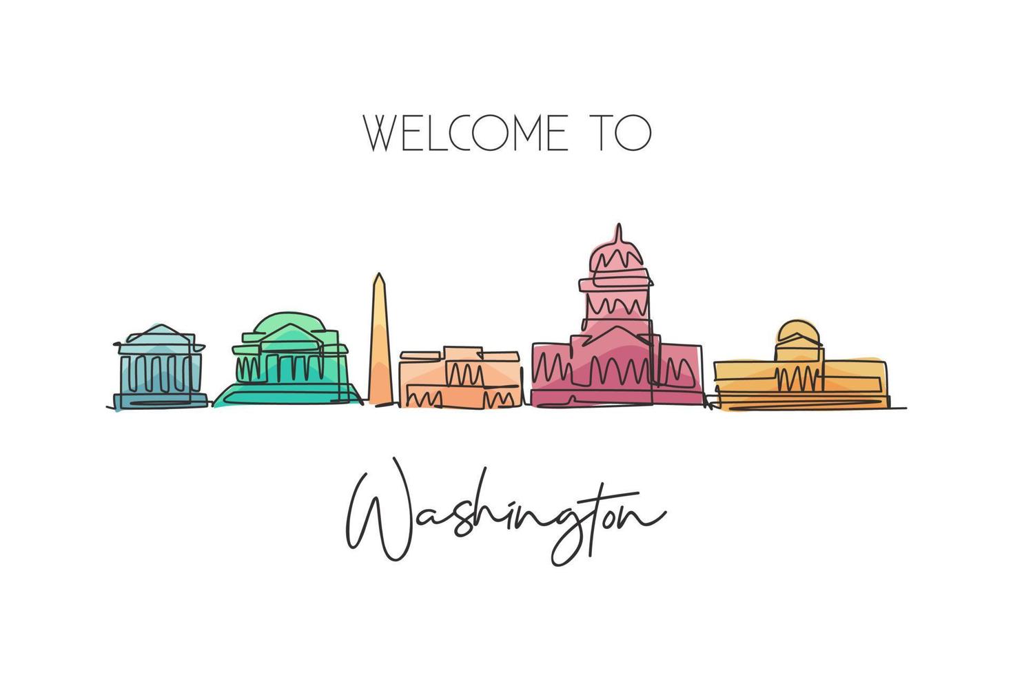 One continuous line drawing of Washington city skyline, United States. Beautiful landmark. World landscape tourism vacation poster print wall decor. Stylish single line draw design vector illustration