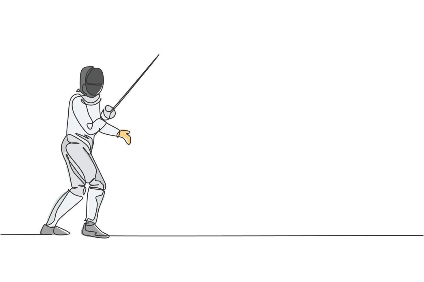 One single line drawing of young man fencer athlete in fencing costume exercising motion on sport arena vector illustration. Combative and fighting sport concept. Modern continuous line draw design