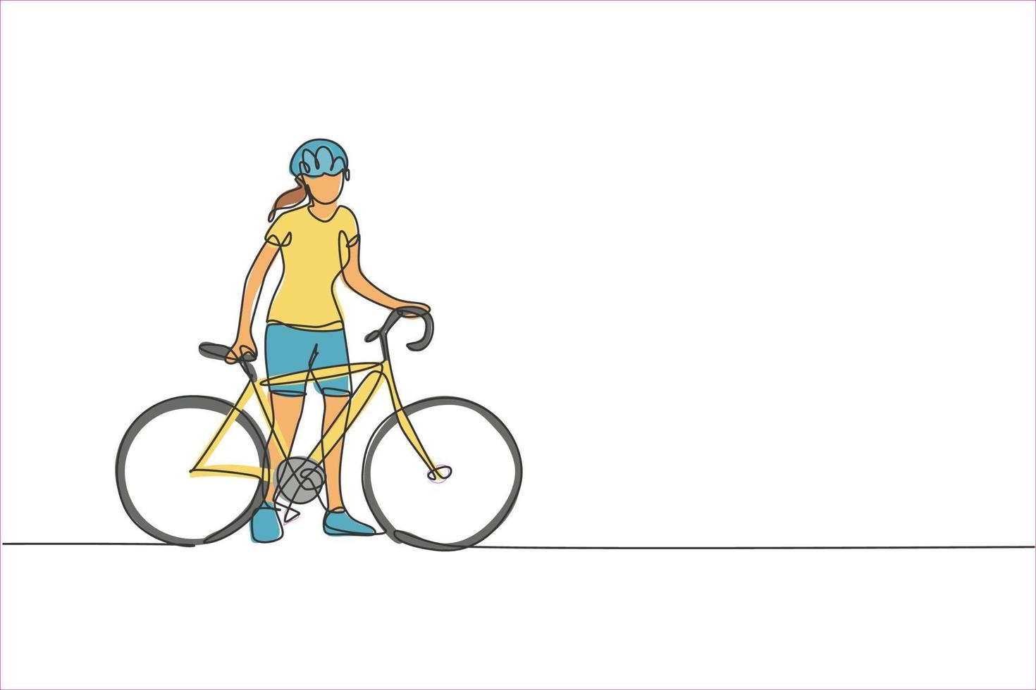 One continuous line drawing of young sporty woman bicycle racer wait for her friend at road side. Road cyclist concept. Dynamic single line draw design vector illustration for cycling sport poster