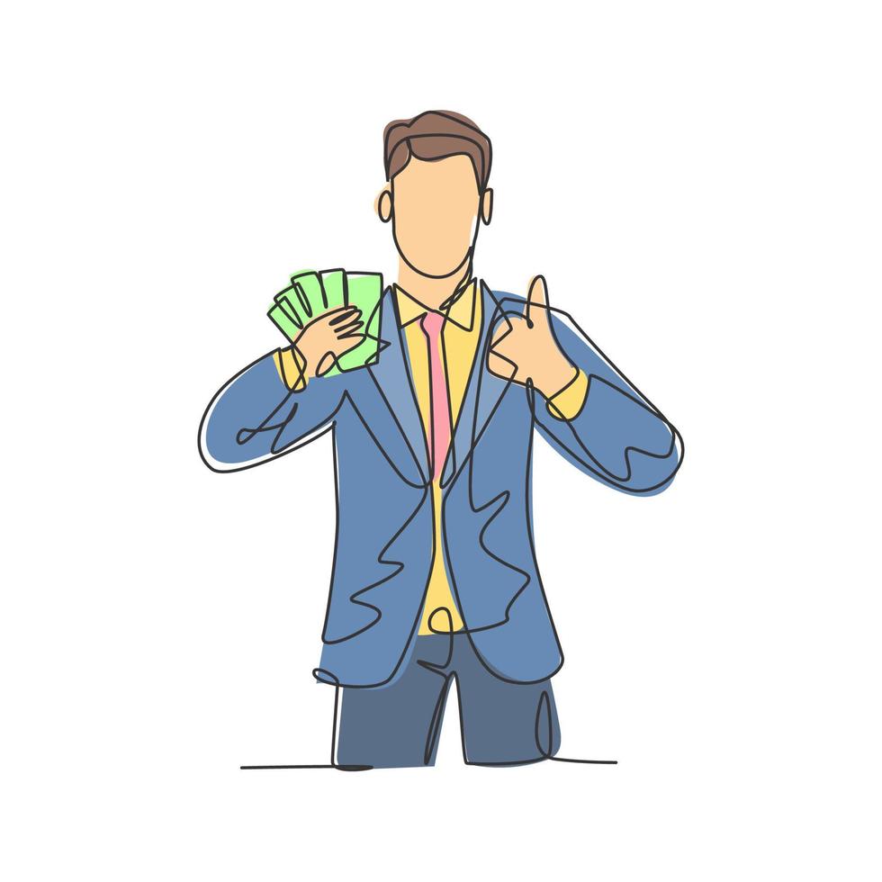 One line drawing of young happy successful businessman show money paper stack and gives thumbs up gesture. Business success concept. Continuous line draw design vector illustration