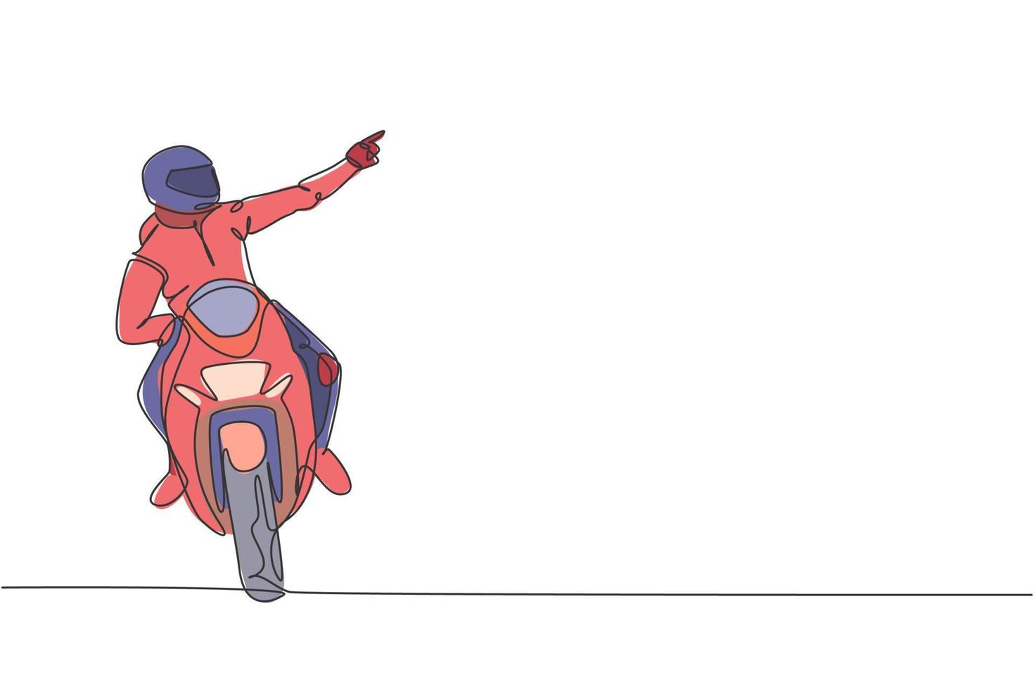 Single continuous line drawing of young superbike racer pointing finger to the spectators. Moto tournament concept. Trendy one line draw design vector illustration for motorbike race promotion media