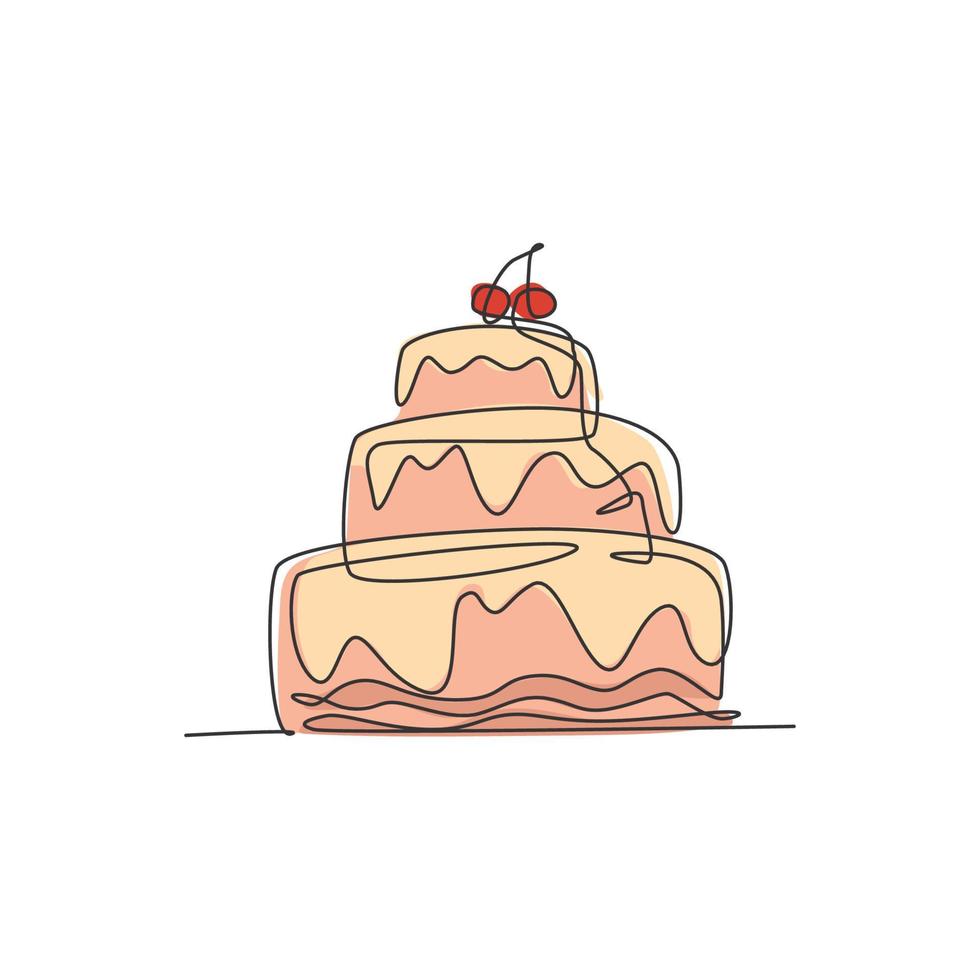 One continuous line drawing of fresh delicious stacked birthday cake with strawberry fruit topping. Pastry confectionery concept. Modern single line draw design graphic vector illustration