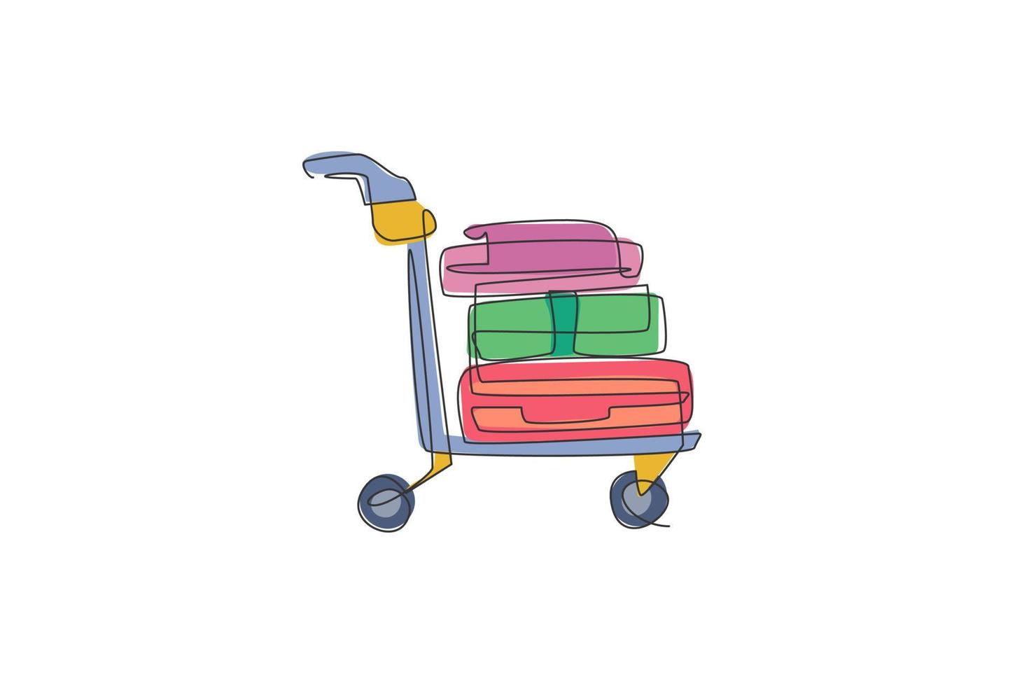 Single continuous line drawing of luggage bag trolley in the airport. Airport service concept. Trendy one line draw design vector illustration graphic