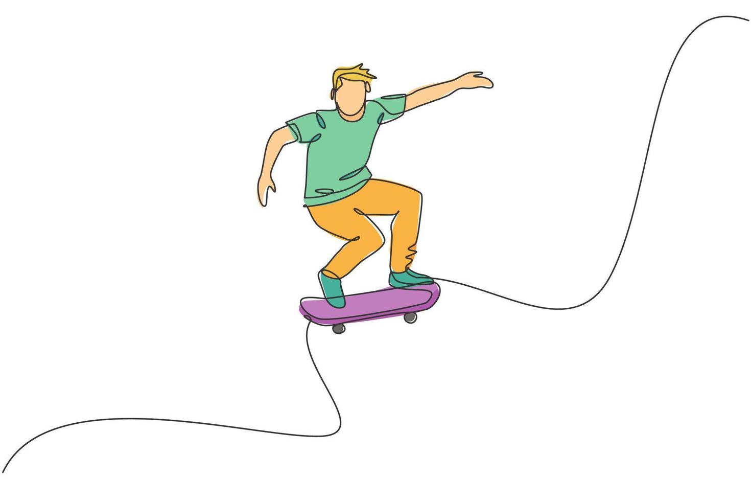 Single continuous line drawing of young cool skateboarder man riding skate and performing jump trick in skate park. Practicing outdoor sport concept. Trendy one line draw design vector illustration