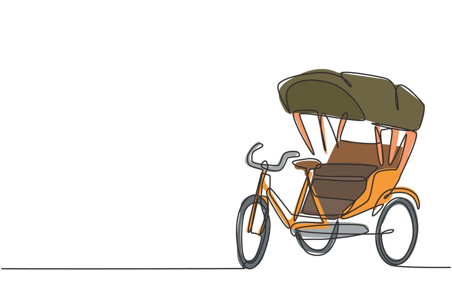 El dibujo de una sola línea del rickshaw de tres ruedas y un asiento del pasajero trasero es un vehículo antiguo en varios países asiáticos. Ilustración de vector gráfico de diseño de dibujo de línea continua moderna.