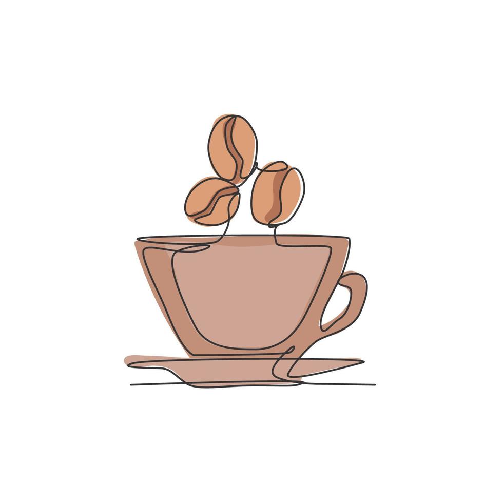 un dibujo de una sola línea de café negro aromático fresco con ilustración de vector de logotipo de frijoles. menú de cafetería y concepto de placa de restaurante. diseño de dibujo de línea continua moderna logotipo de bebida callejera