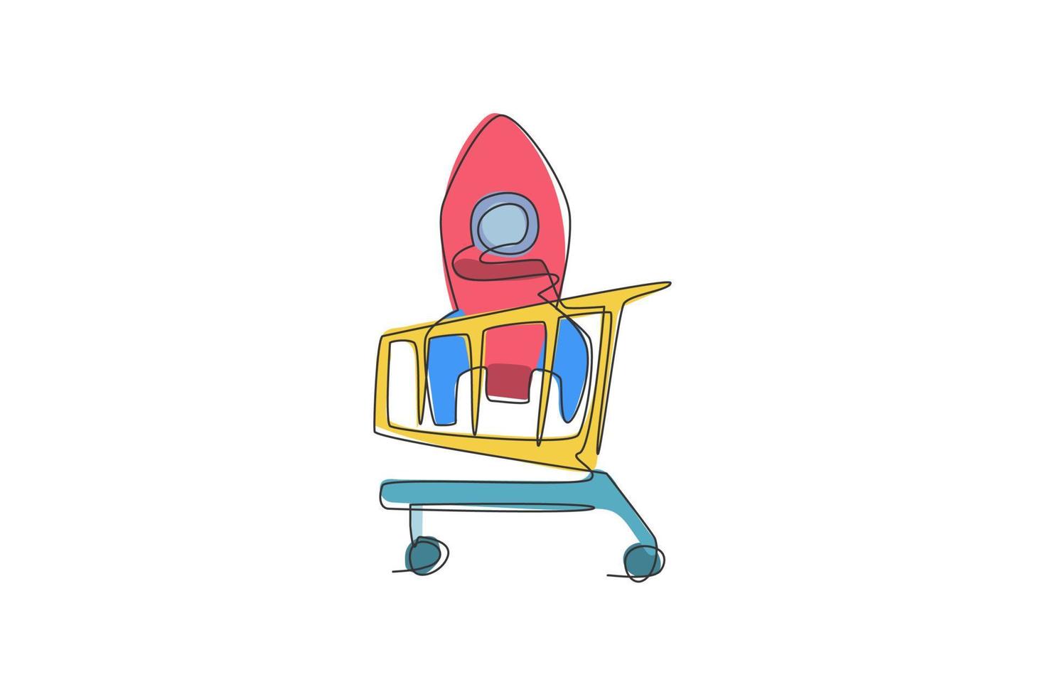 One continuous line drawing of rocket toys inside shopping cart. Sale product concept. Dynamic single line draw design graphic vector illustration