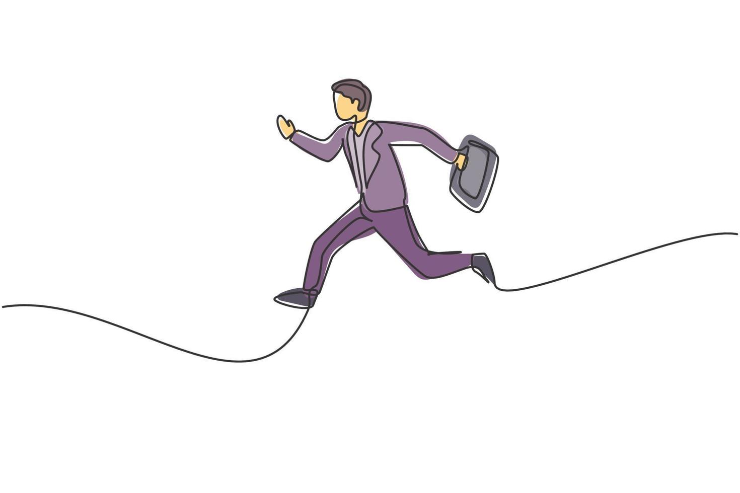 Continuous one line drawing of young happy male worker jumping high while holding briefcase. Success business manager. Minimalist concept. Trendy single line draw design vector graphic illustration