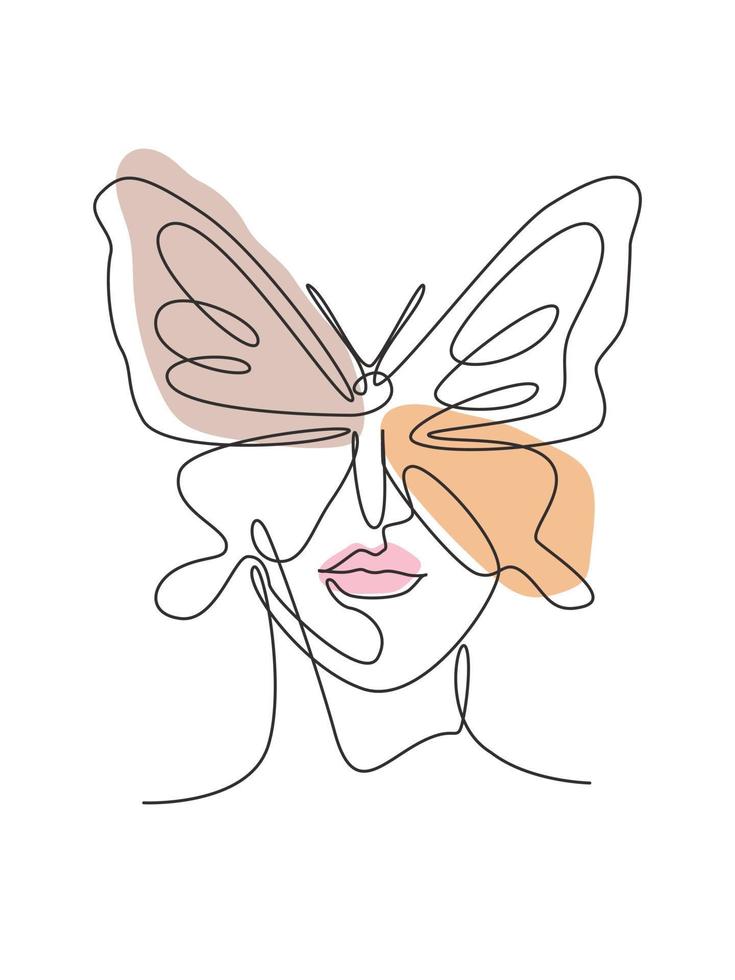 One continuous line drawing sexy woman abstract face with butterfly wings logo. Female portrait minimalist style concept. Cosmetic icon. Dynamic single line draw design vector graphic illustration