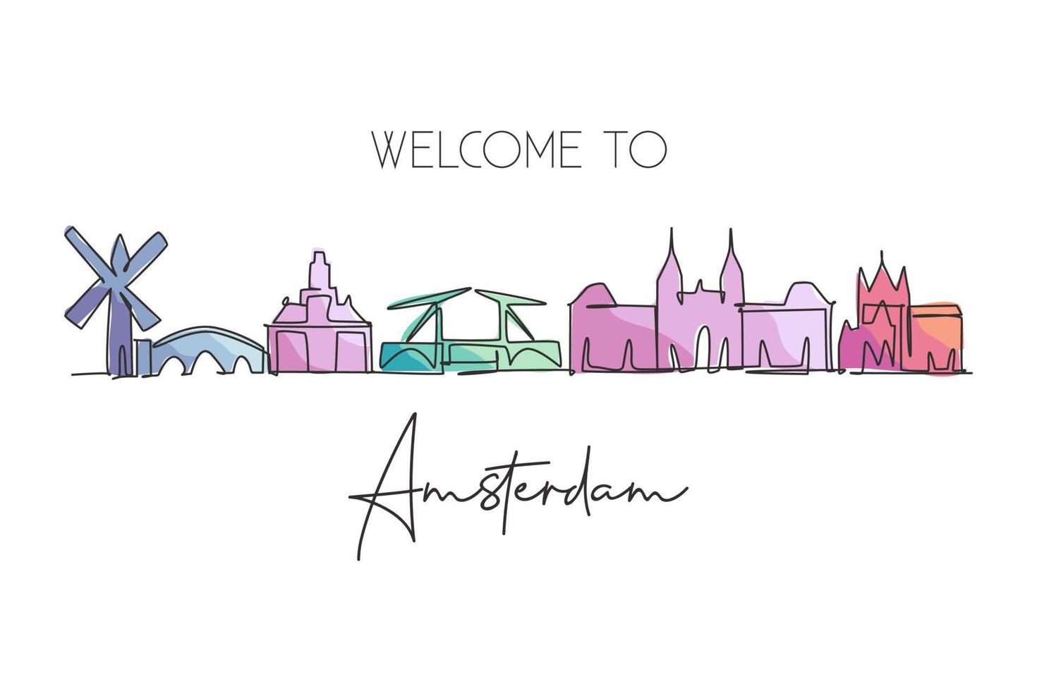 Single continuous line drawing of Amsterdam city skyline, Netherlands. Famous skyscraper landscape postcard. World travel wall decor poster art concept. Modern one line draw design vector illustration