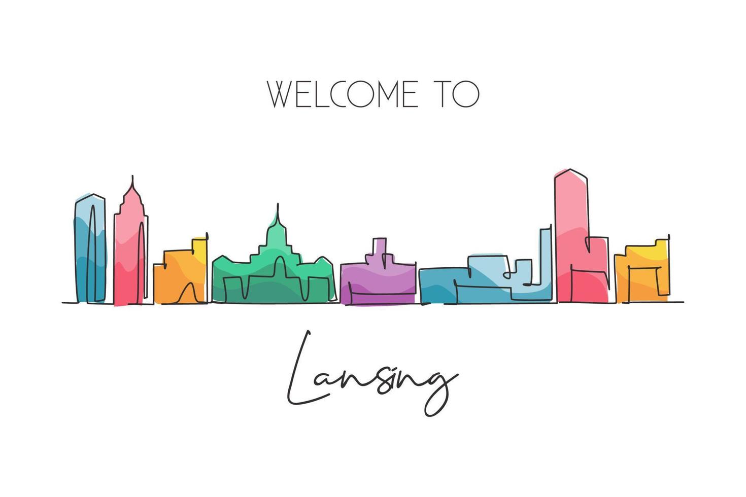 dibujo de línea continua única del horizonte de la ciudad de lansing, michigan. famoso paisaje raspador de la ciudad. concepto de impresión de cartel de arte de decoración de pared de hogar de viajes mundiales. Ilustración de vector de diseño de dibujo de una línea moderna