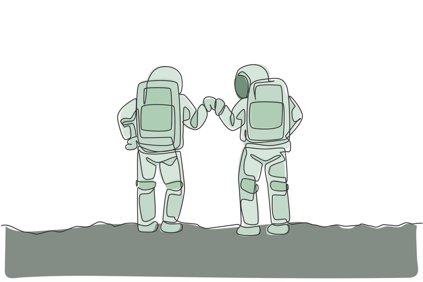 One continuous line drawing of two young happy astronauts giving fist bump gesture in moon surface, rear view. Space man deep space concept. Dynamic single line draw design vector graphic illustration