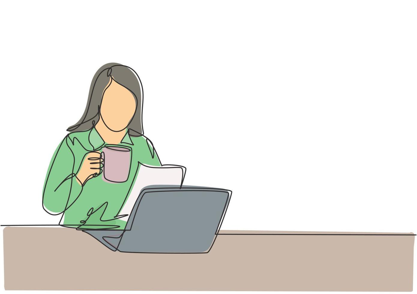 Single continuous line drawing of young female manager reviewing annual report paper while holding a cup of coffee drink. Drinking coffee or tea concept one line draw design vector illustration