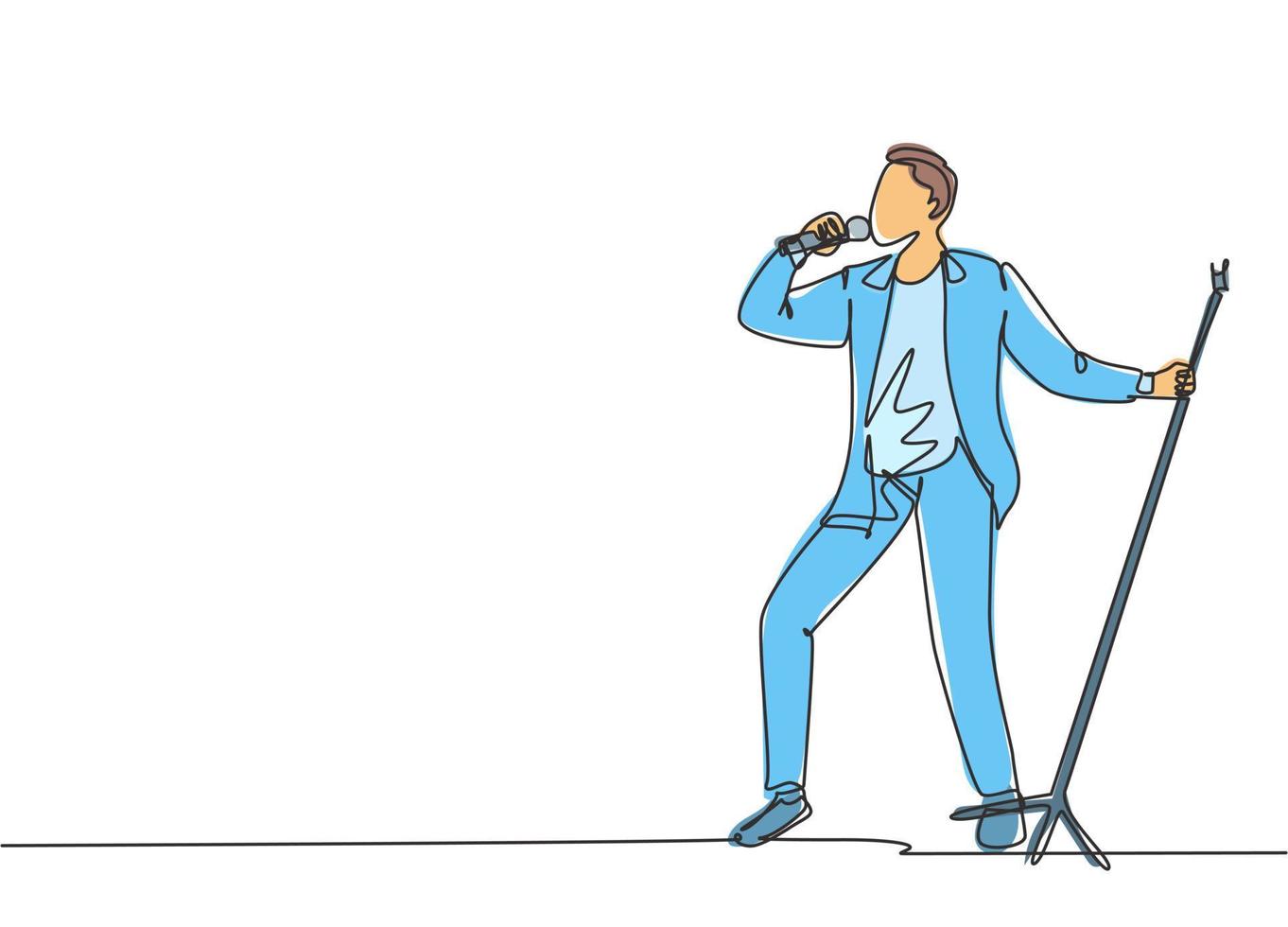 Single continuous line drawing of young happy male pop singer holding microphone and singing on music festival stage. Musician artist performance concept one line draw design vector illustration