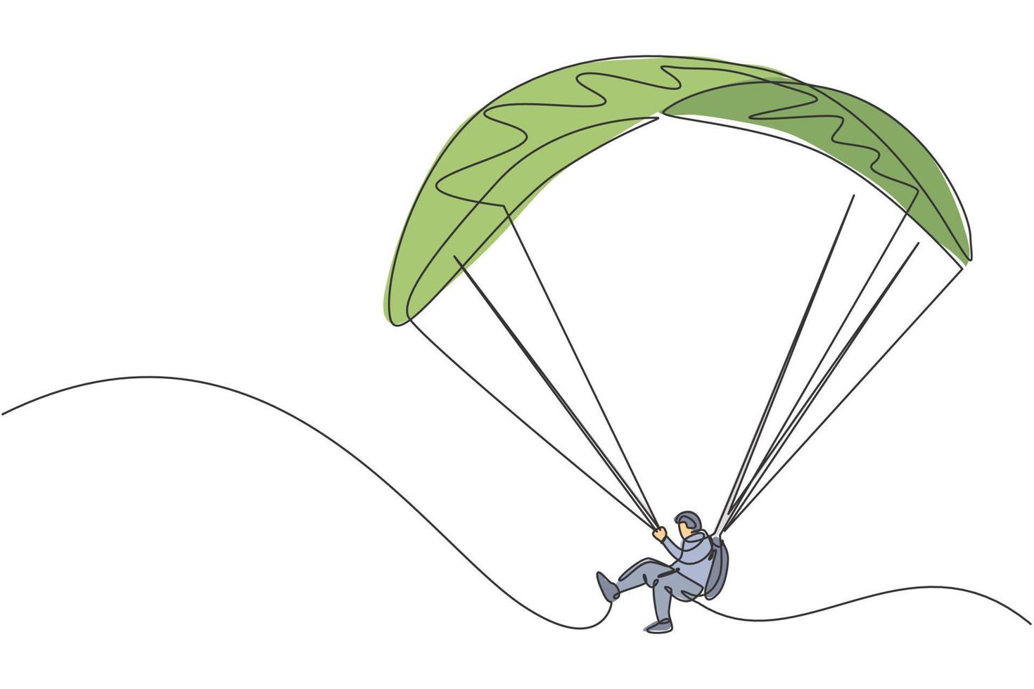 One continuous line drawing of young bravery man flying in the sky using paragliding parachute. Outdoor dangerous extreme sport concept. Dynamic single line draw graphic design vector illustration