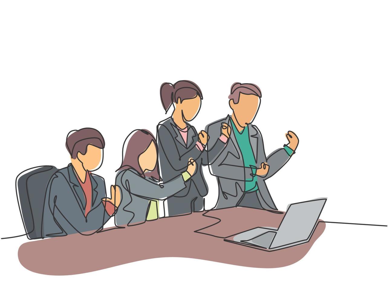 One single line drawing of young happy business man and business woman celebrate their success to deal a new business contract. Business meeting concept continuous line draw design vector illustration