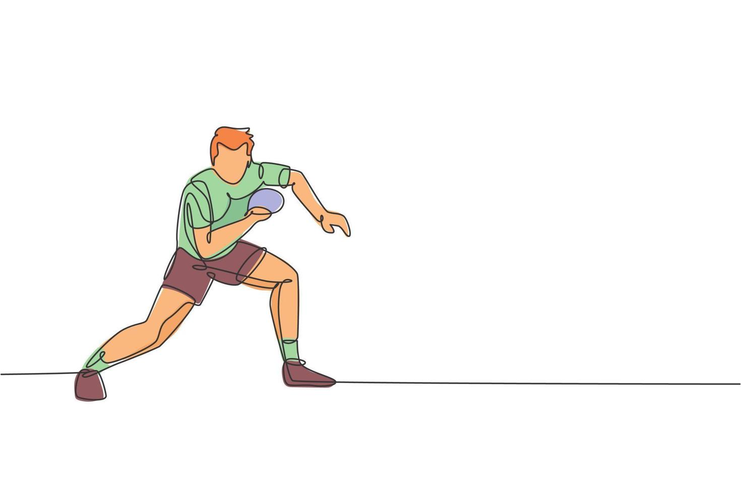 Single continuous line drawing young agile man table tennis player wait for a rival ball. Sport exercise concept. Trendy one line draw design vector graphic illustration for ping pong promotion media