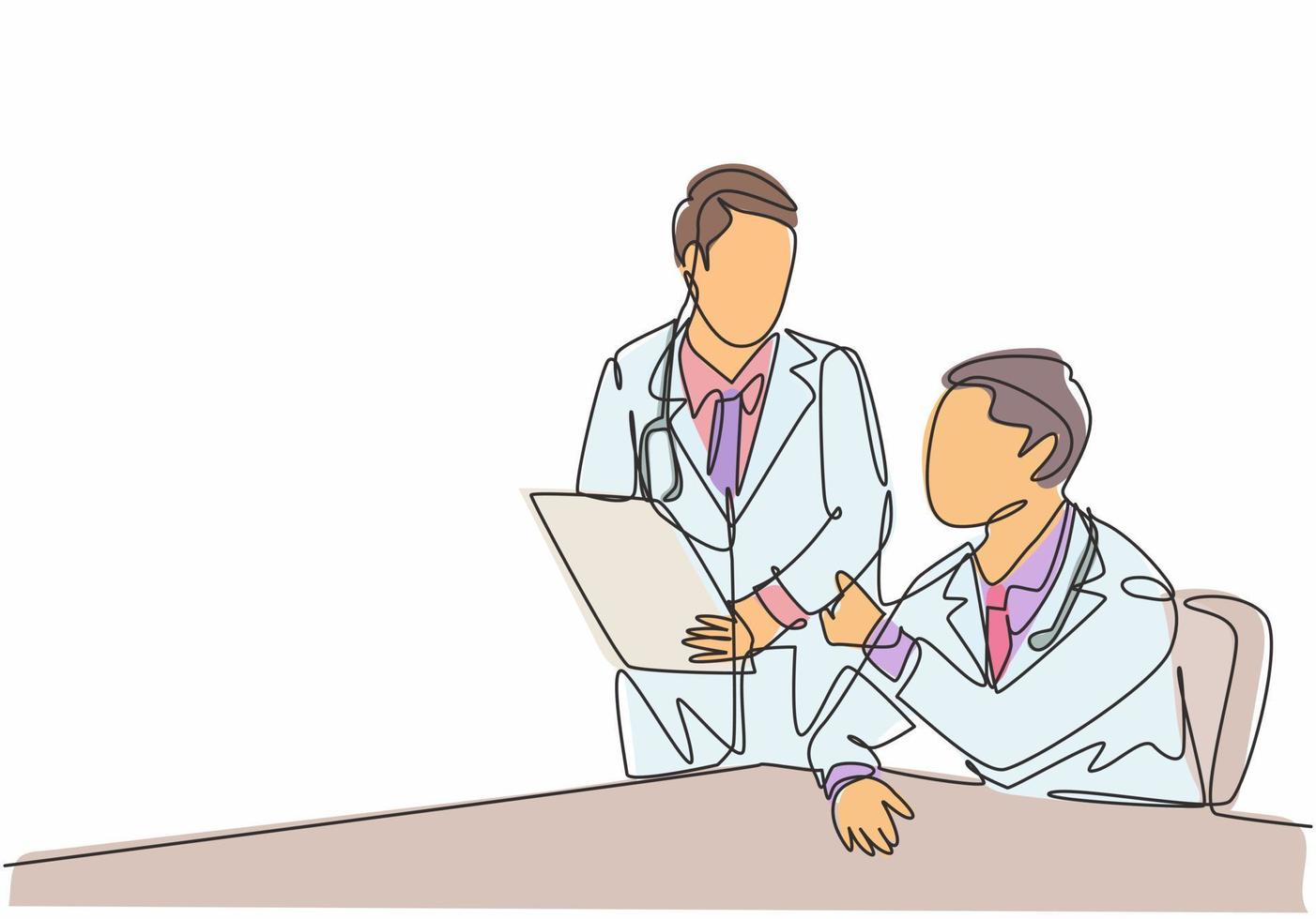 One continuous line drawing of two young doctor discuss and diagnosing patient illness from their x-ray photo result. Hospital health care service concept single line draw design vector illustration