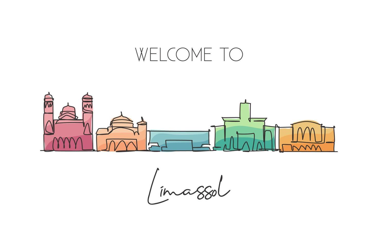 One continuous line drawing Limassol city skyline, Cyprus. Beautiful landmark postcard. World landscape tourism and travel vacation. Editable stylish stroke single line draw design vector illustration