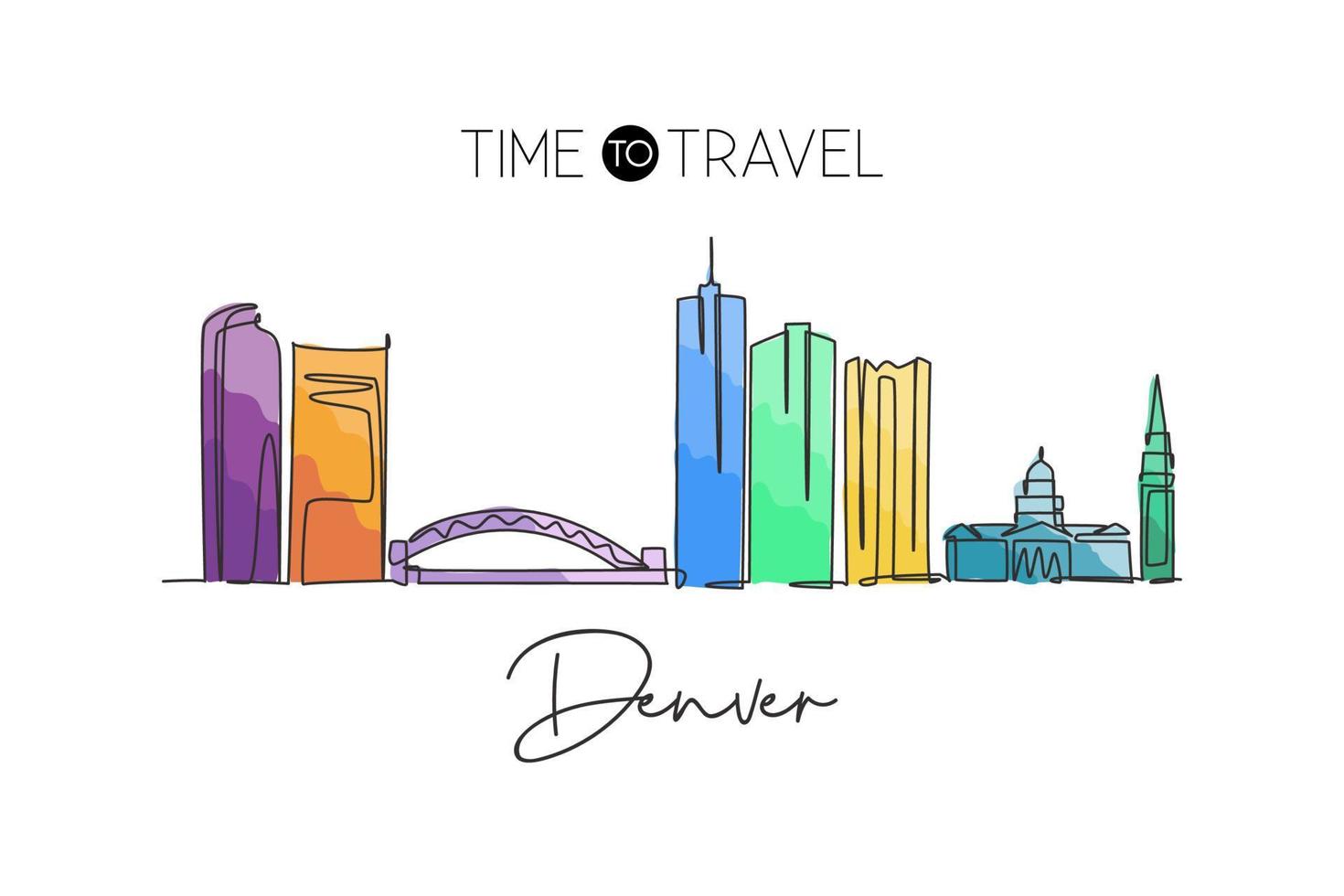 One single line drawing of Denver city skyline, United States. Historical town landscape in the world. Best holiday destination. Editable stroke trendy continuous line draw design vector illustration