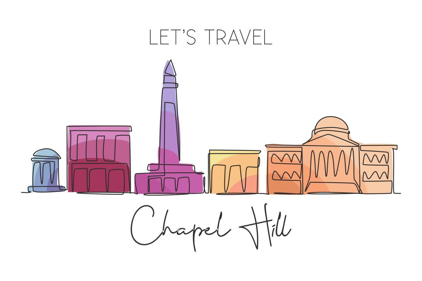 un dibujo de una sola línea del horizonte de la ciudad de Chapel Hill, Carolina del Norte. paisaje de la ciudad para el póster de decoración de la pared del hogar. mejor destino de vacaciones. ilustración de vector de diseño gráfico de dibujo de línea continua de moda