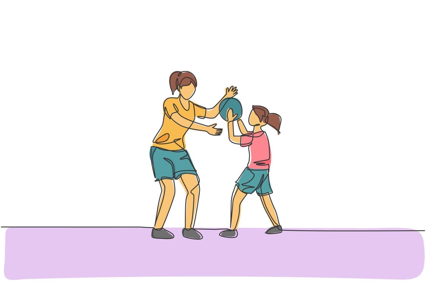 One single line drawing of young mother playing basketball fun with her daughter at home field vector illustration. Happy parenting learning concept. Modern continuous line graphic draw design