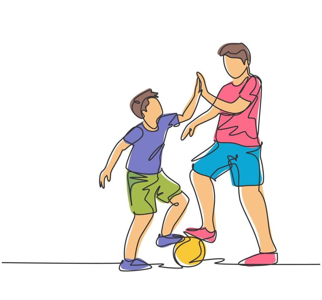 Single line drawing of father and son playing football together on outdoor field and giving high five gesture. Parenting concept continuous line draw design graphic vector illustration