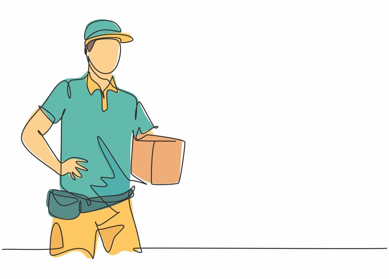 Continuous one line drawing of young delivery man holding package box to be delivered to customer. Professional job profession minimalist concept. Single line draw design vector graphic illustration