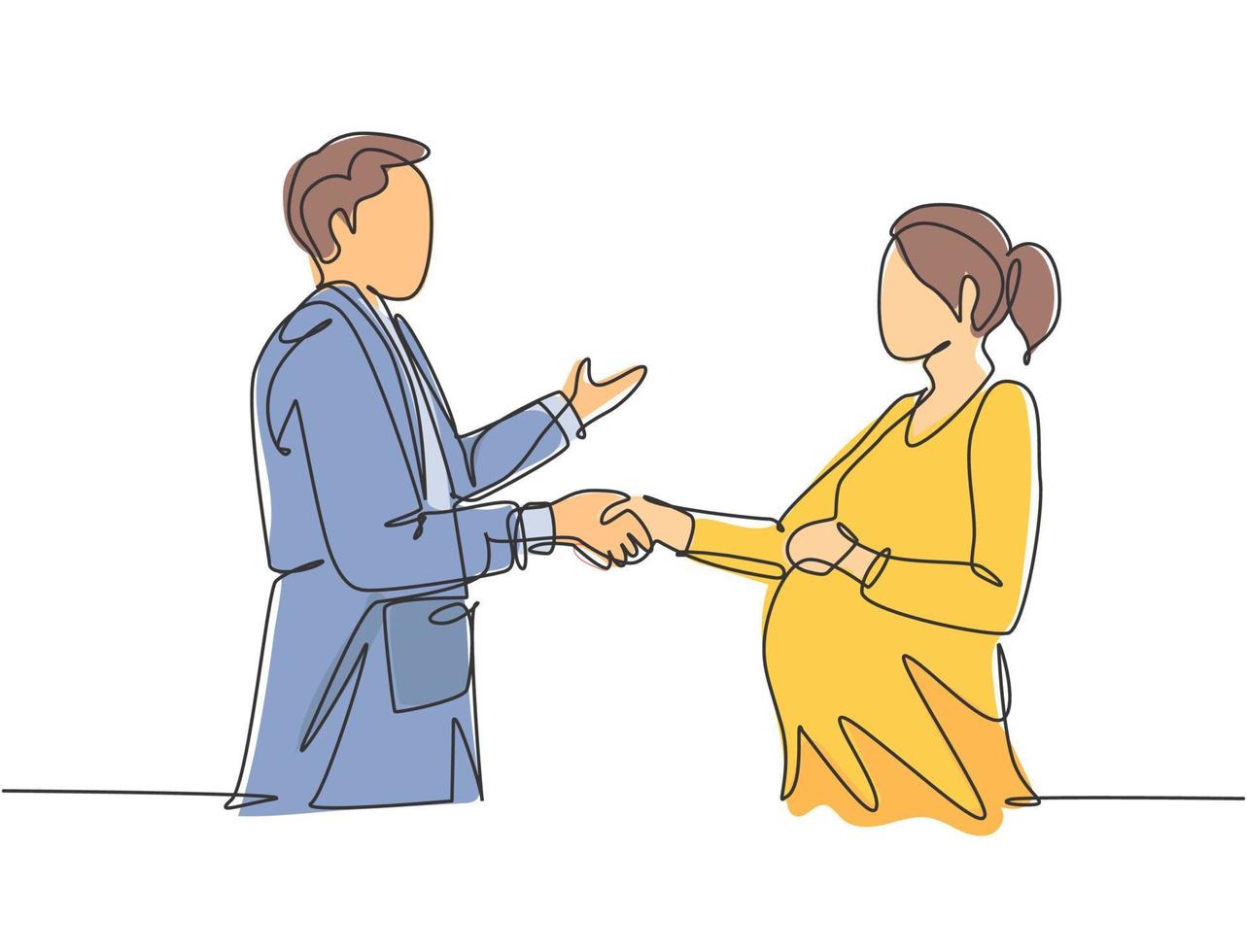 Continuous line drawing of obstetrician and gynecologist doctor handshake and congratulate a young happy pregnant mom about her pregnancy. One line drawing vector illustration