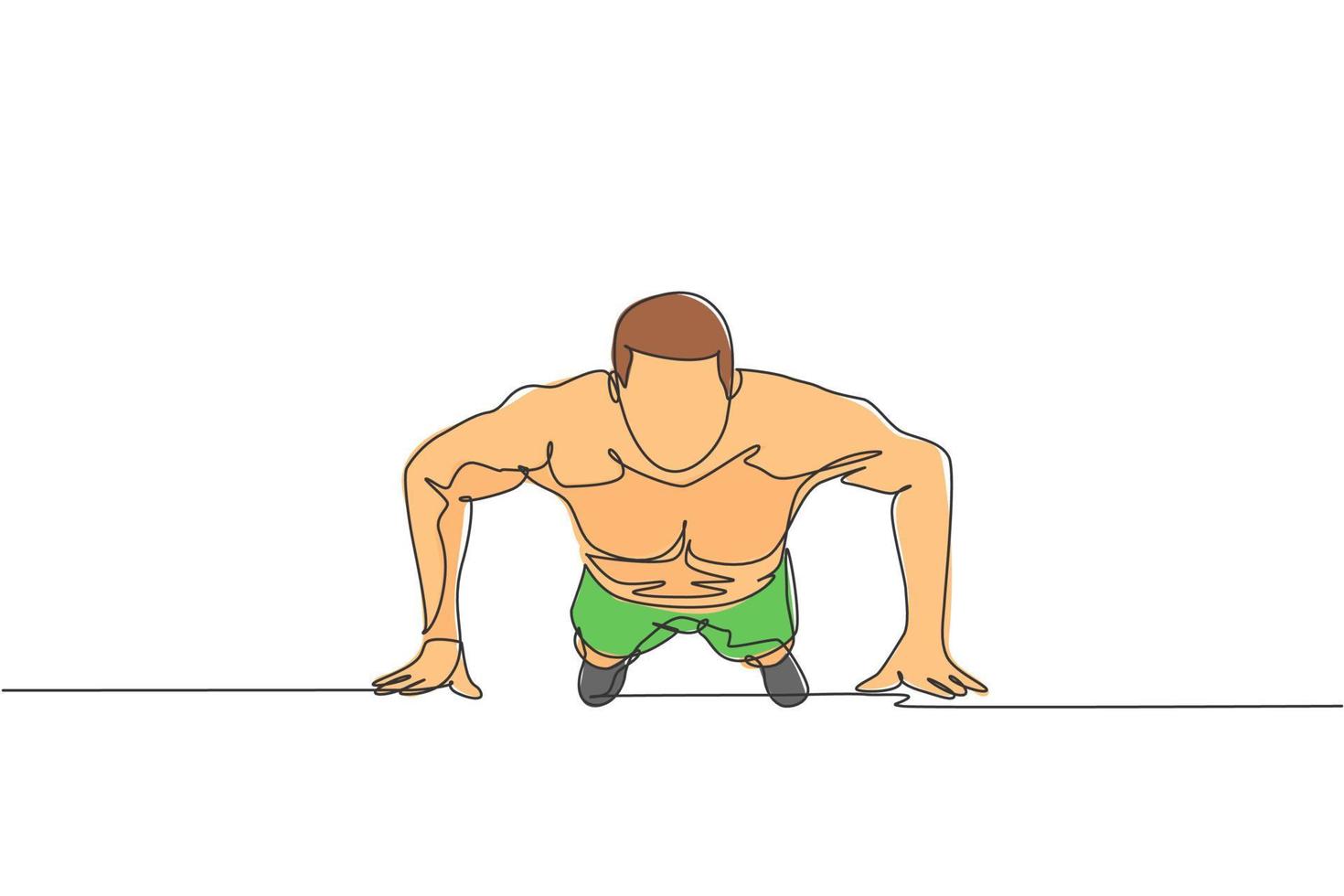 Single continuous line drawing of young sportive man training push up in sport gymnasium club center, front view. Fitness stretching concept. Trendy one line draw graphic design vector illustration