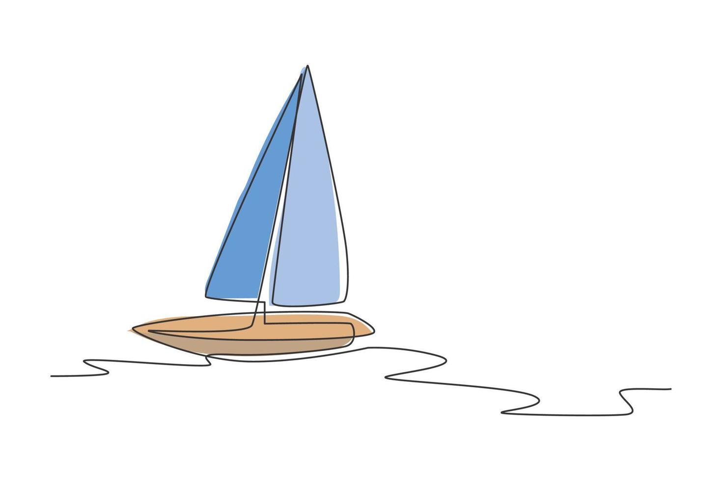 One single line drawing of sail boat sailing on the sea vector illustration. Water transportation vehicle concept. Modern continuous line draw graphic design