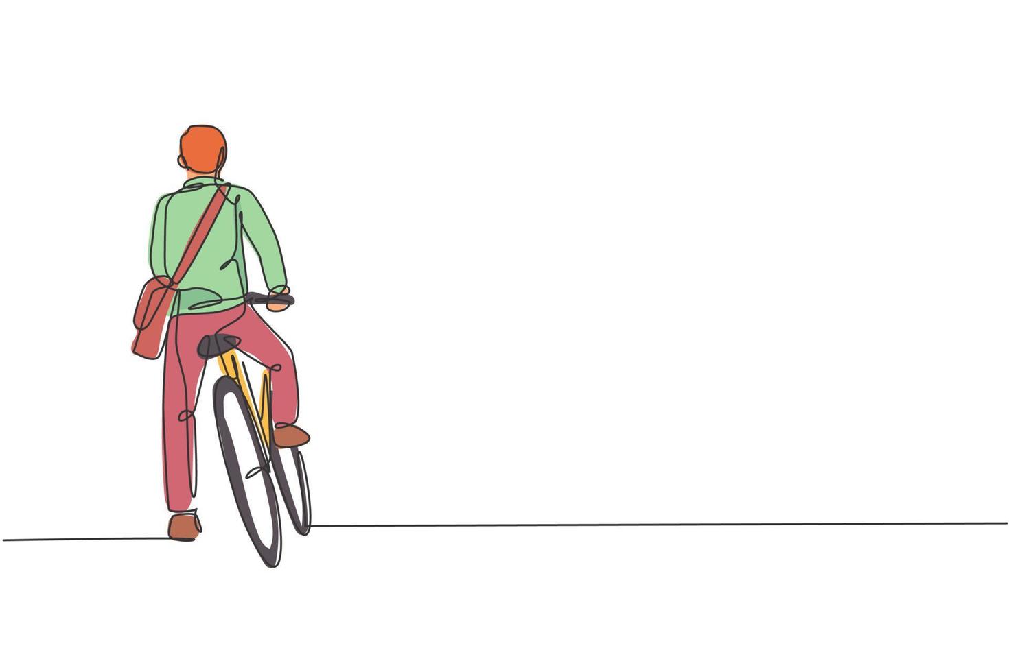 Single continuous line drawing of young professional manager man riding bicycle to the office, rear view. Bike to work, eco friendly transport concept. Trendy one line draw design vector illustration