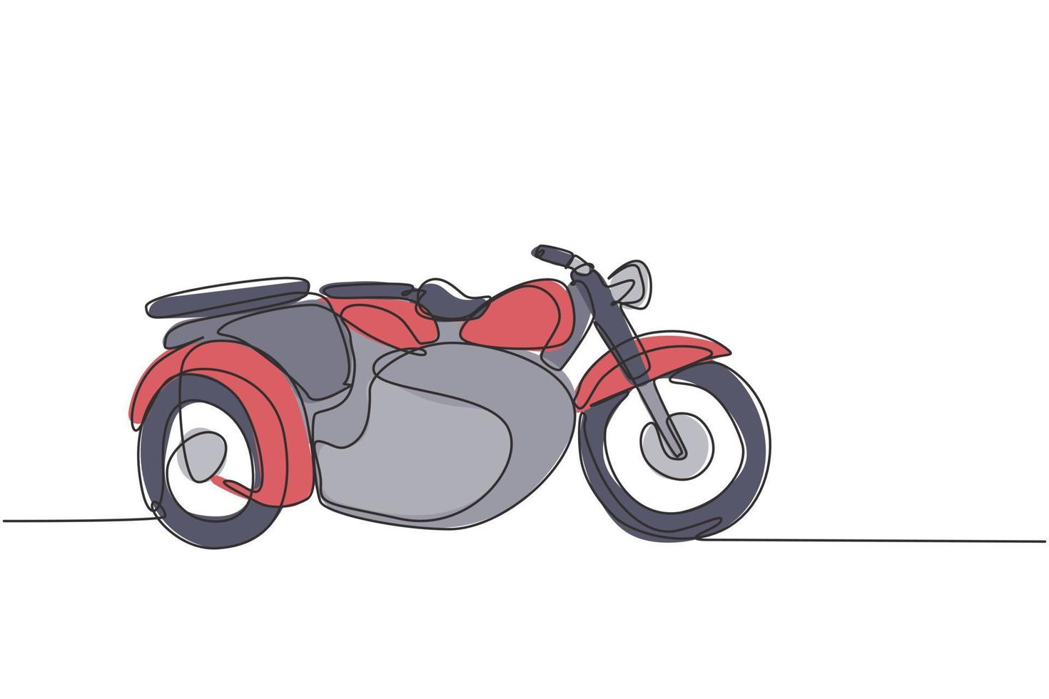 One continuous line drawing of retro old vintage motorcycle with sidecar. Classic motorbike transportation concept single line draw graphic design vector illustration