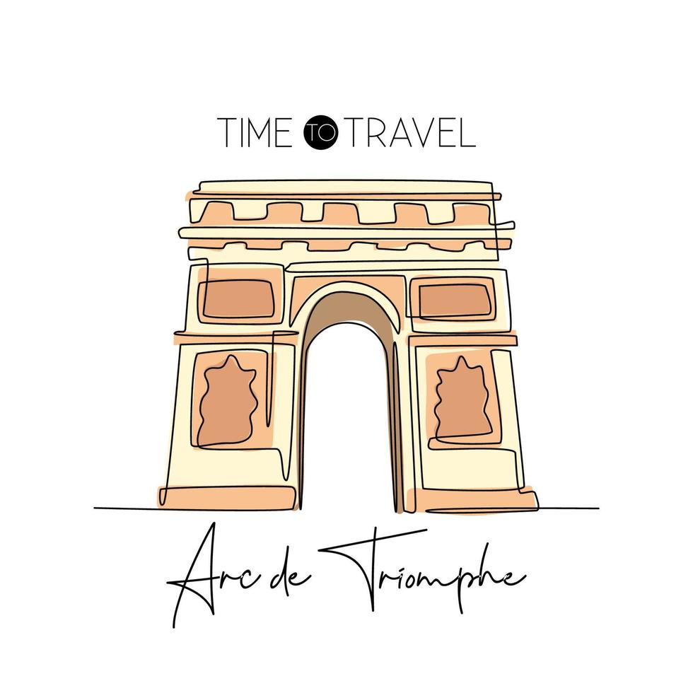 Single one line drawing of welcome to Arc de Triomphe landmark. Historical iconic place in Paris. Tourism and travel greeting postcard concept. Modern continuous line draw design vector illustration