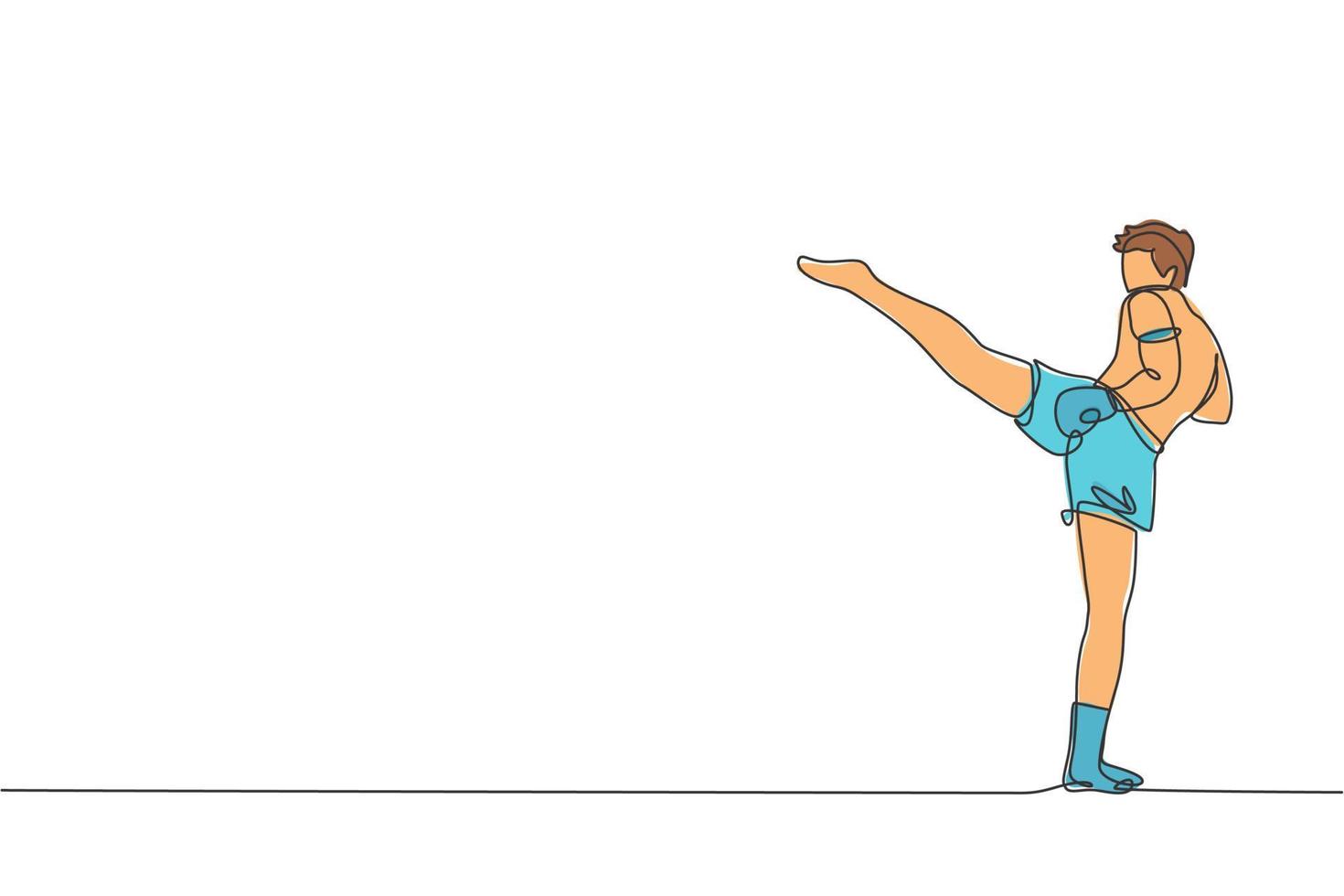 un dibujo de una sola línea de un joven y enérgico luchador de muay thai haciendo ejercicio en el gimnasio gráfico de ilustración vectorial del centro de fitness. concepto de deporte de boxeo tailandés combativo. diseño moderno de dibujo de línea continua vector