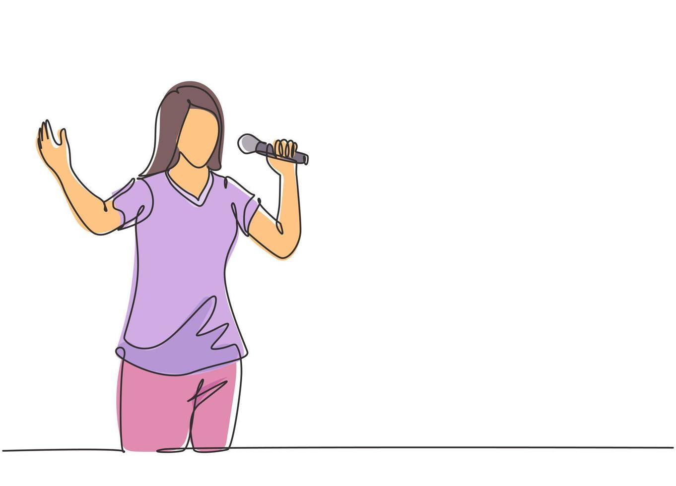 un dibujo de línea continua de una joven cantante feliz sosteniendo un micrófono y cantando en un festival de música. Músico artista concepto de rendimiento de una sola línea dibujar diseño gráfico ilustración vectorial vector