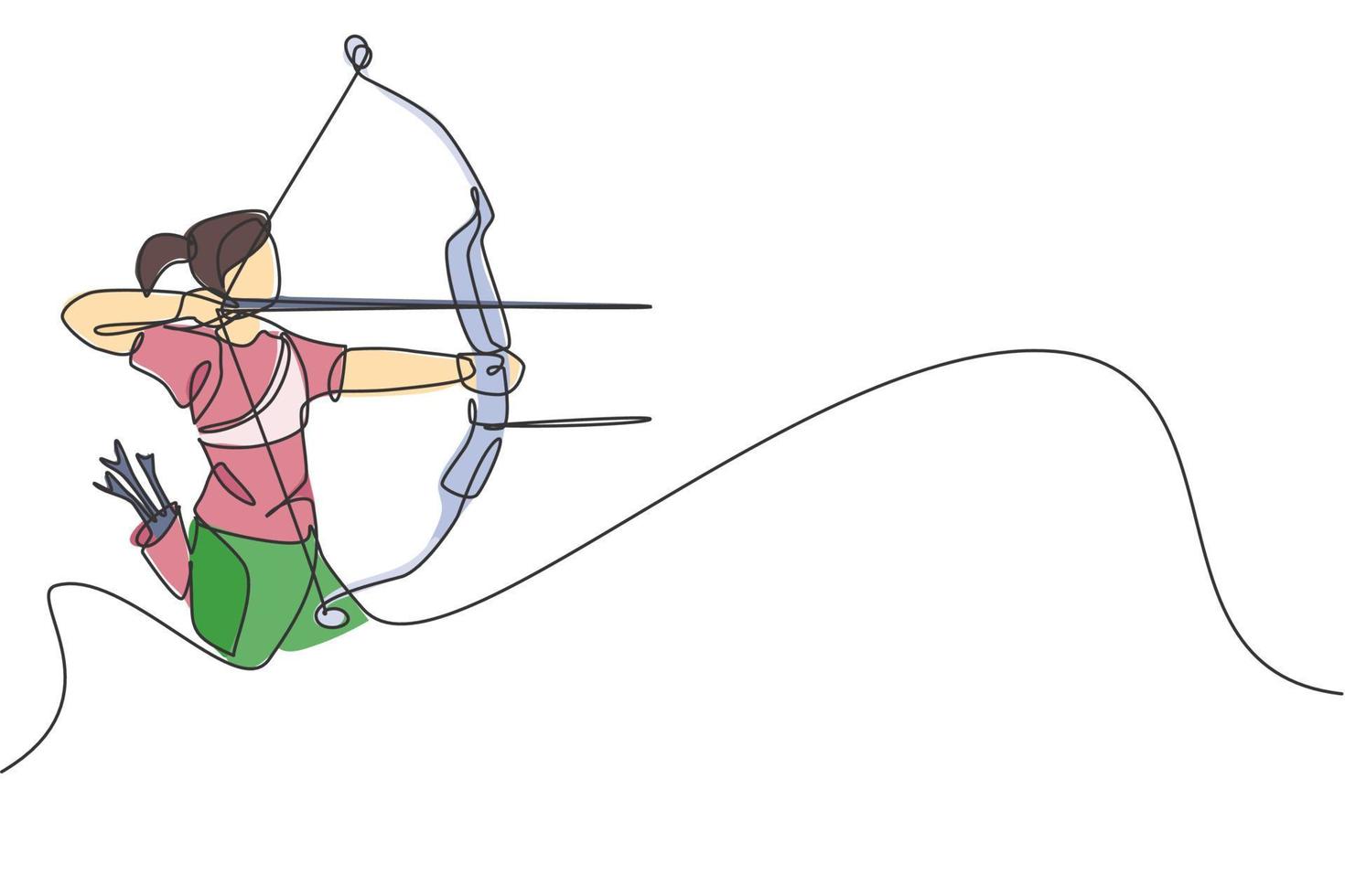 Single continuous line drawing of young professional archer woman focus aiming archery target. Archery sport exercise with the bow concept. Trendy one line draw design vector illustration graphic