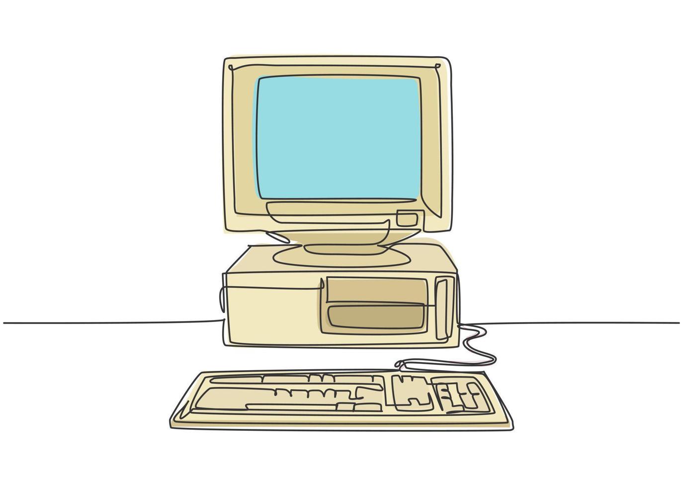 Single continuous line drawing of retro old classic personal computer processor unit. Vintage cpu with analog monitor and keyboard item concept one line draw graphic design vector illustration