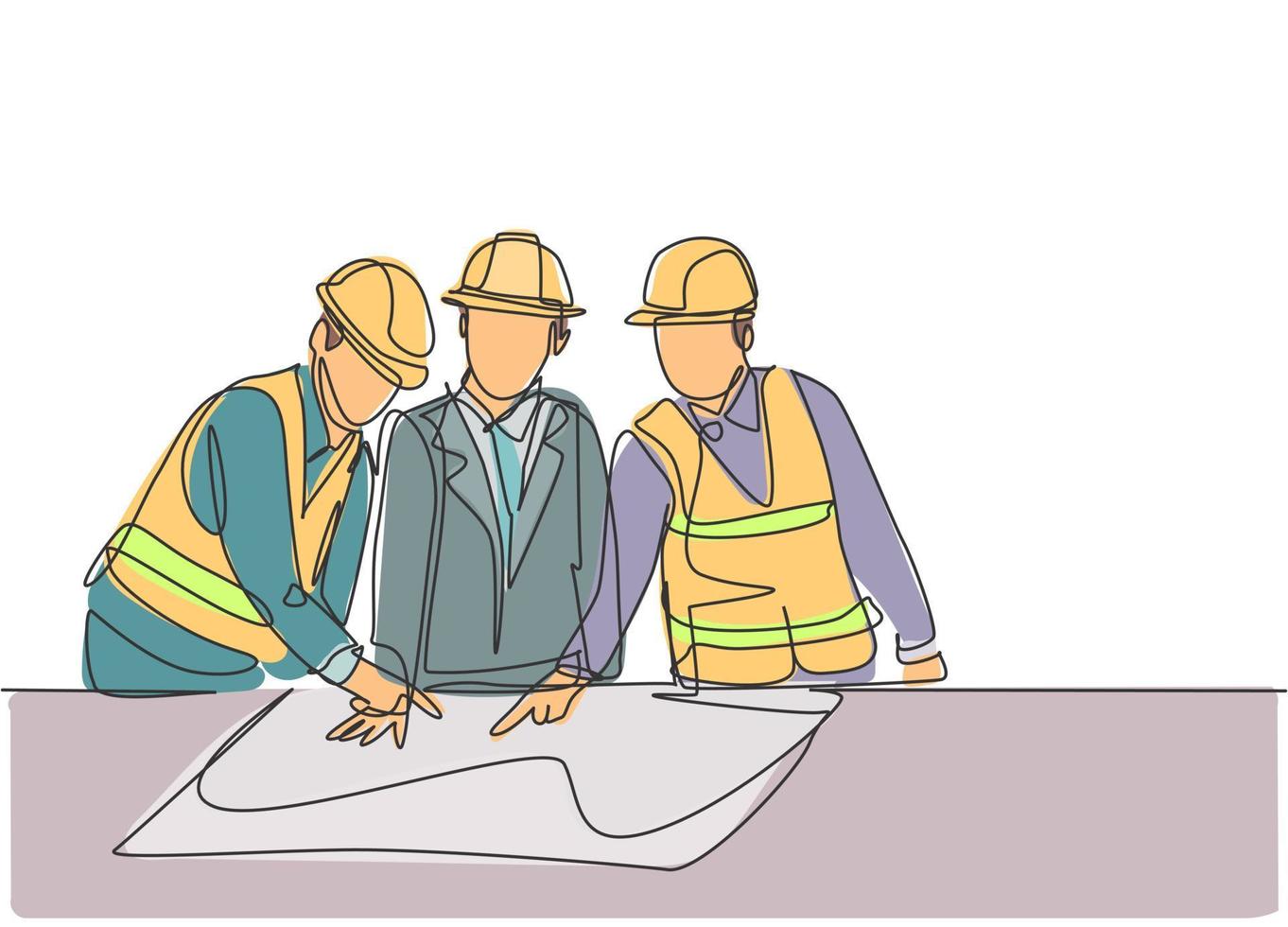 Single continuous line drawing of young sketch draft designer meeting with architect discussing construction design. Building architecture business concept. One line draw design illustration vector